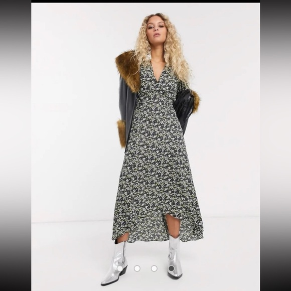 NWT Topshop IDOL Long Sleeve Micro Floral Print High Low Slit Midi Dress 
Size 6 - Picture 1 of 12